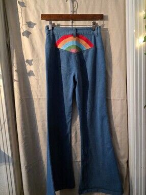 70s High-Rise Blue Flared Jeans with Rainbow Back Detail